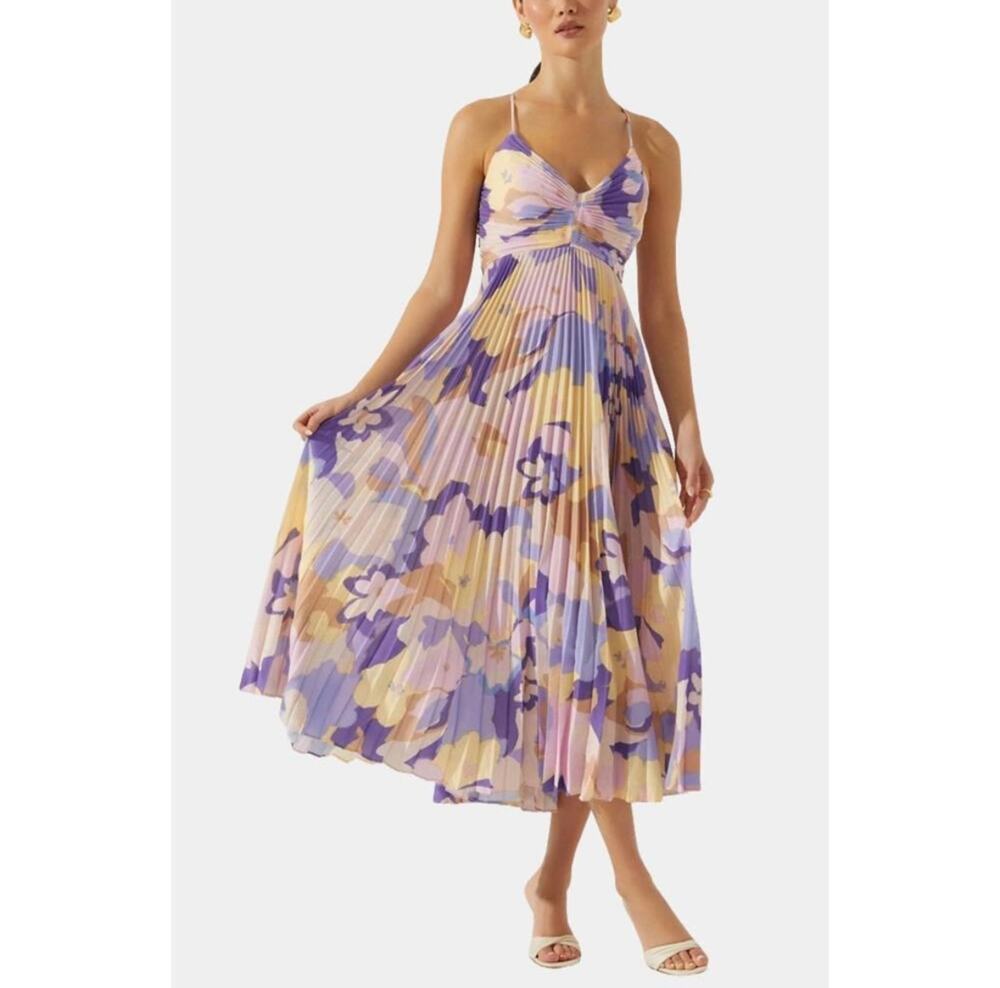 NWT Astr the Label Blythe Plisse Midi Dress Purple Multi Women Size Small